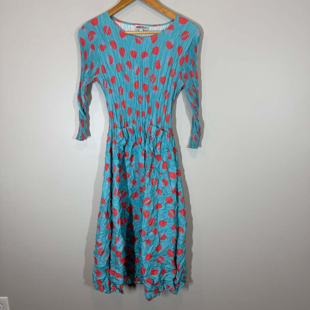 Alquema Pleated Midi Dress Size 0 Teal Red Polka Dot Long Sleeve Crinkle